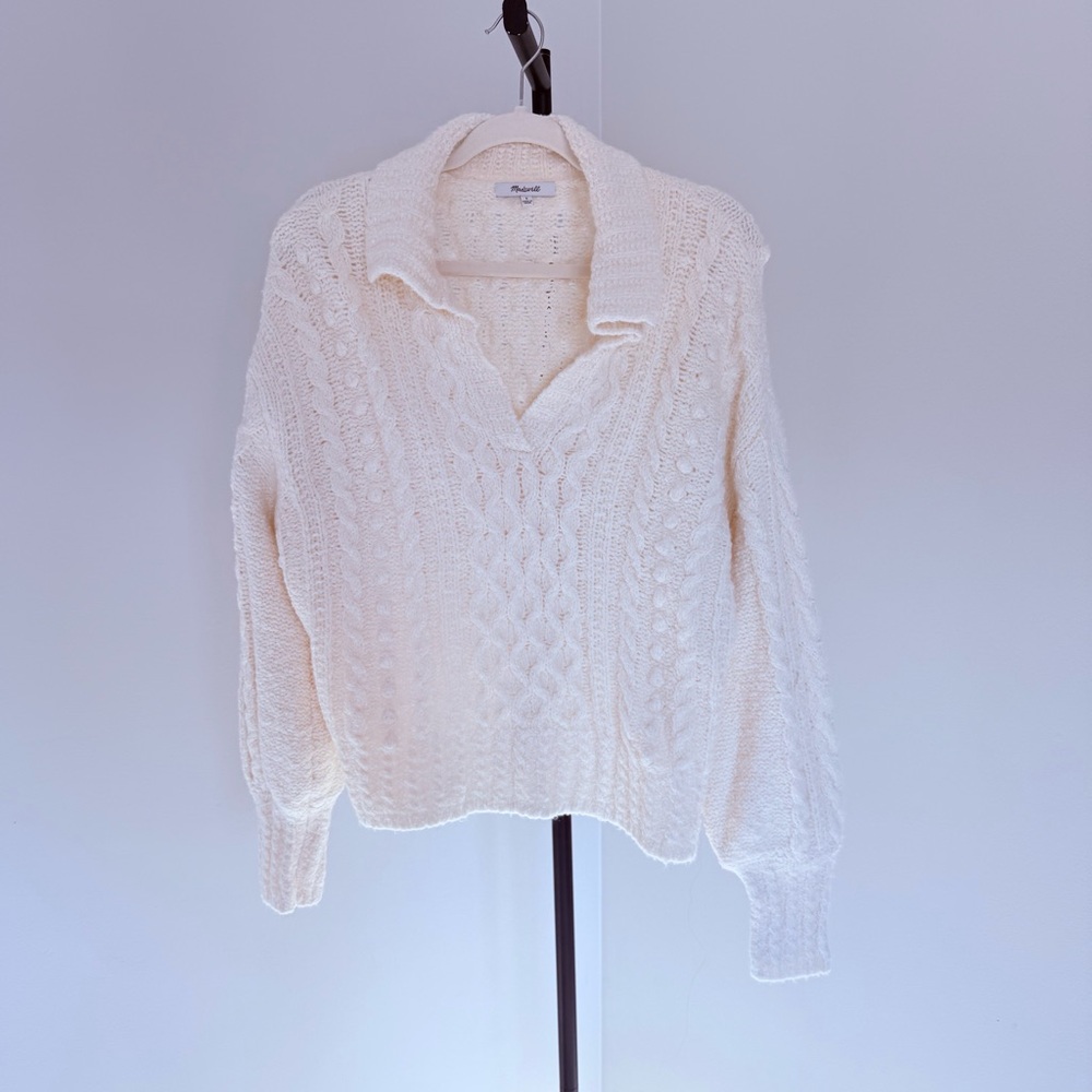 Madewell Cream Cable Knit Collared Sweater